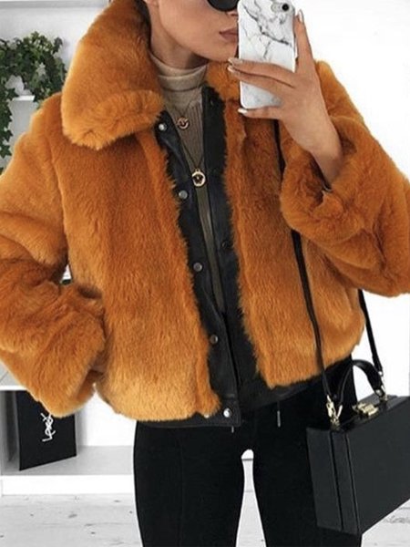

Simple Plain Long Sleeve Loosen Teddy Jacket, Caramel, Others