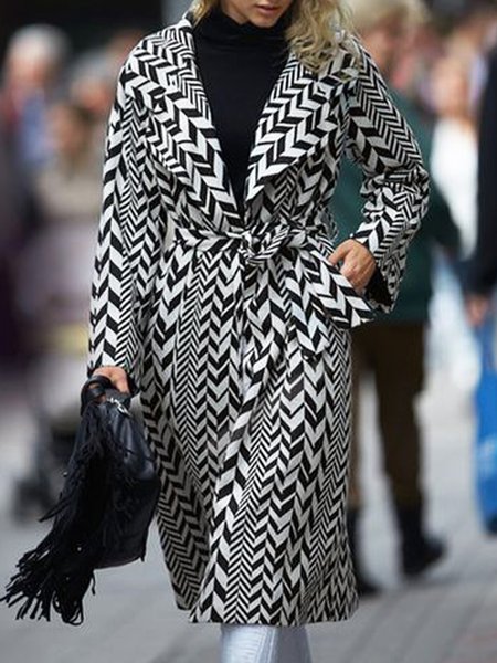 

Urban Lapel Collar Geometric Printed Overcoat, Black-white, Coats