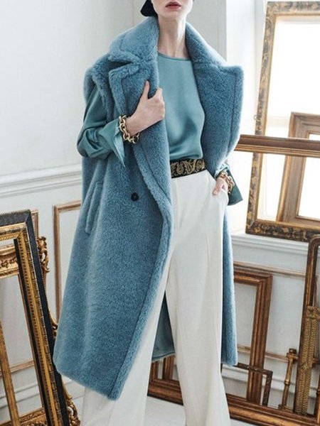 

Plain Urban Lapel Collar Teddy Coat, Blue, Coats