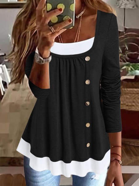 

Casual Plain Autumn Regular Fit Long sleeve Crew Neck Regular H-Line Regular Top for Women, Black, Tunics