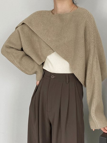 

Plain Daily Long sleeve Simple Regular Fit Sweater, Khaki, Pullovers