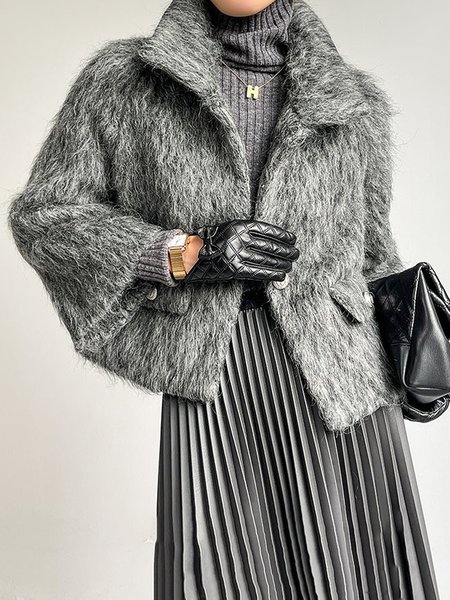 

Long sleeve Elegant Loose Shawl Collar Teddy Jacket, Gray, Others