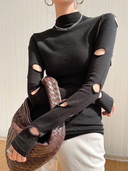 

Daily Half Turtleneck Long sleeve Plain Sweater, Black, Pullovers
