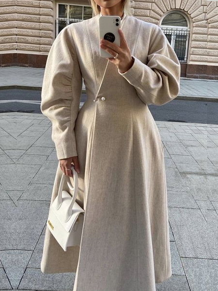 

Loose V Neck Long sleeve Plain Long Overcoat, Apricot, Coats