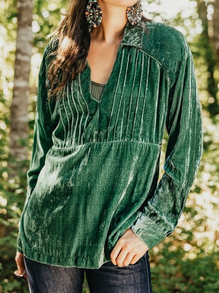 

Shawl Collar Velvet Plain Tops, Green, Long sleeve tops