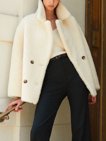 

Loose Urban Simple Plain Teddy Overcoat, White, Others