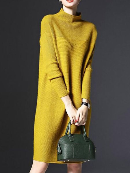 

Loose Plain Half Turtleneck Mini Dress, Yellow, Mini Dresses