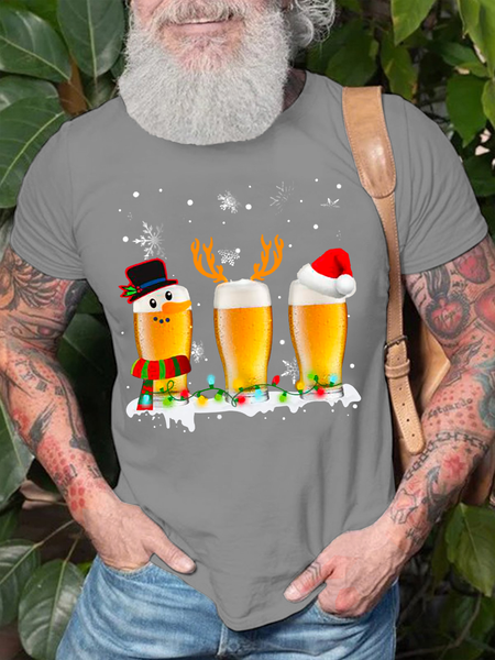 

Men's Christmas Three Beer Snowflakes Loose Cotton Crew Neck T-Shirt, Light gray, T-shirts