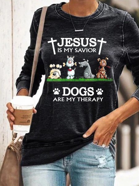 

Women Funny Dog Jesus Is My Savior Dogs Are My Therapy Simple Dog Sweatshirts, Black, Hoodies&Sweatshirts