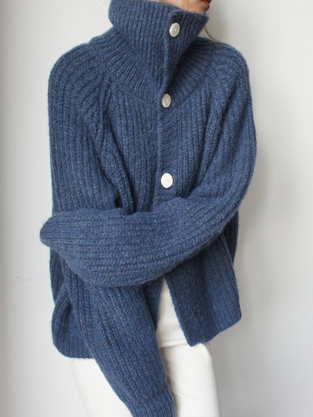 

Stand Collar Urban Plain Buttoned Sweater Cardigan, Blue, Cardigans