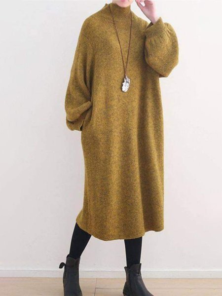

Half Turtleneck Plain Long sleeve Dresses, Yellow, Midi Dresses