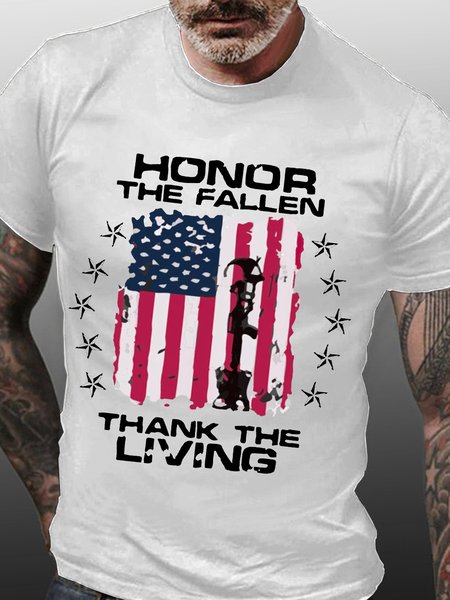 

Men's Honor The Fallen Thank The Living Veterans Day Loose America Flag Cotton T-Shirt, White, T-shirts