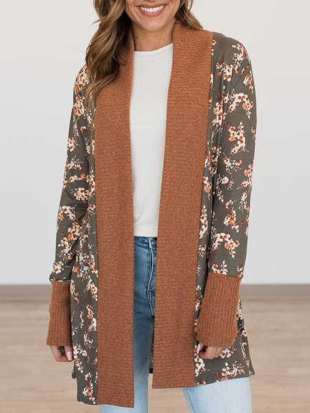 

Small Floral Design Stitching Pit Strip Knitted Cardigan, Brown, Outerwear