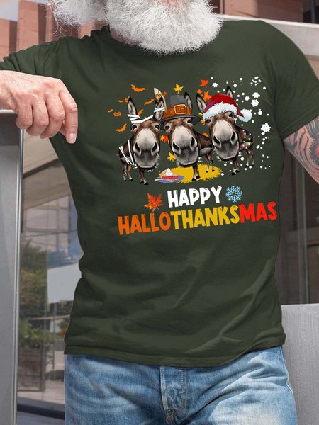 

Men Happy Hallothanksmas Donkey Hat Merry Christmas Crew Neck Cotton Christmas T-Shirt, Dark green, T-shirts