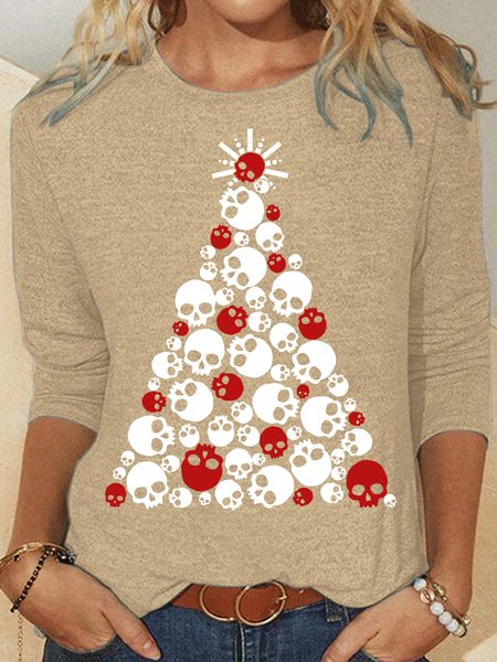 

Womens Skull Holiday Tree Casual Top, Apricot, Long sleeves