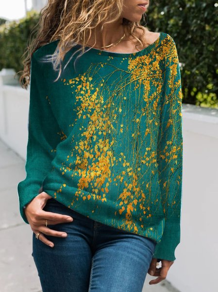 

Floral Design Crew Neck Loose Long Sleeve Top, Green, T-Shirts