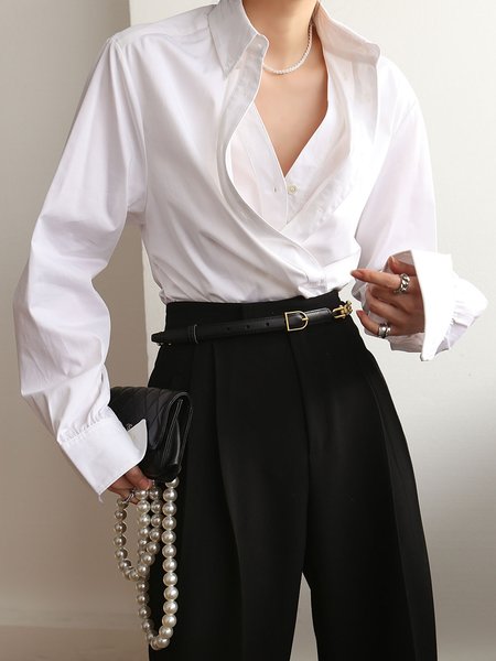 

Daily Long sleeve Shirt Collar Urban Blouse, White, Blouses and Shirts
