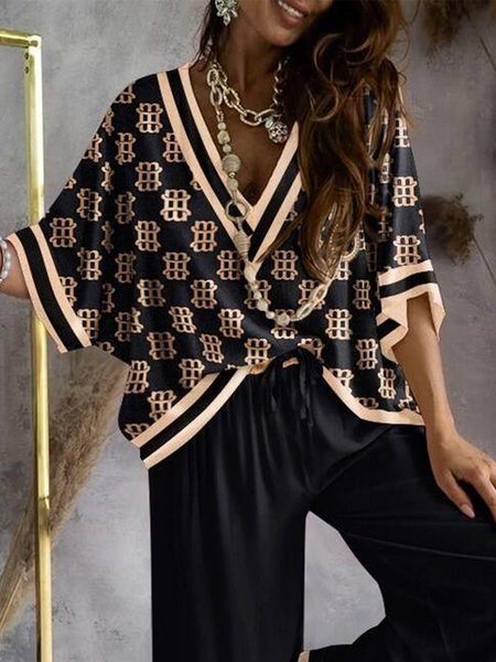 

V Neck Casual Loosen Blouse, Black, Tops