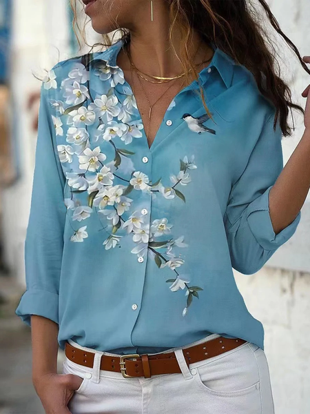

Loose Shirt Collar Flora Animal Blouse, Blue, Shirts & Blouses