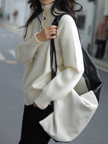 

Long sleeve Loose Casual Plain Sweater, White, Pullovers