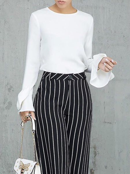 

Regular Fit Crew Neck Long sleeve Daily Blouse, White, Blouses and Shirts