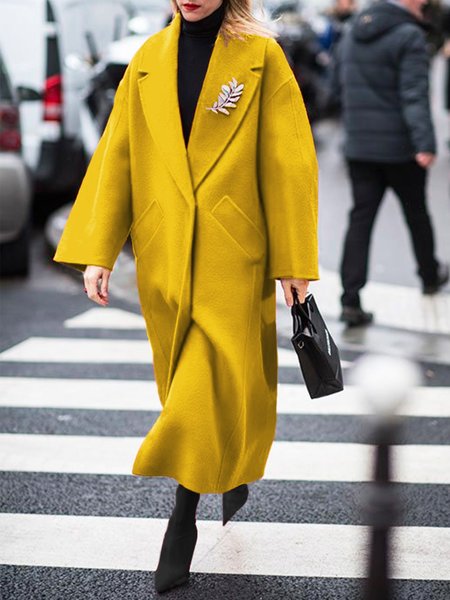 

Urban Plain Simple Loose Lapel Collar Overcoat, Yellow, Coats
