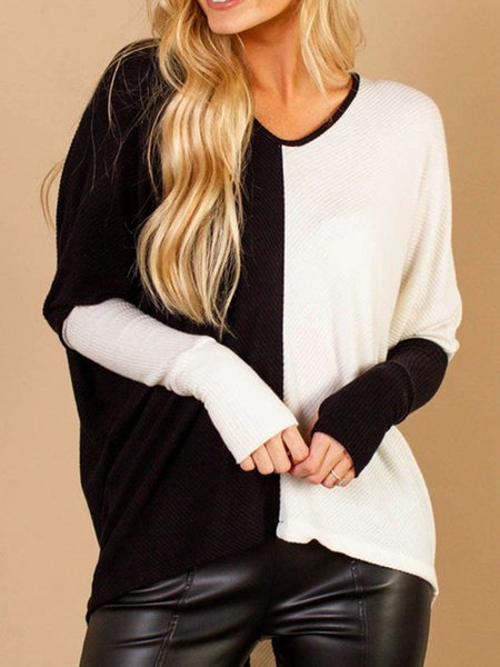

Casual Color Block Loose T-Shirt, Black-white, Tops