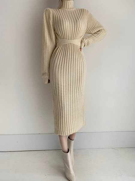 

Long sleeve Plain Elegant Regular Fit Midi Dress, Apricot, Midi Dresses