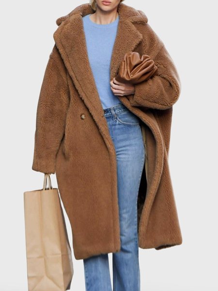 

Daily Long sleeve Urban Plain Loose Teddy Jacket, Camel, Others
