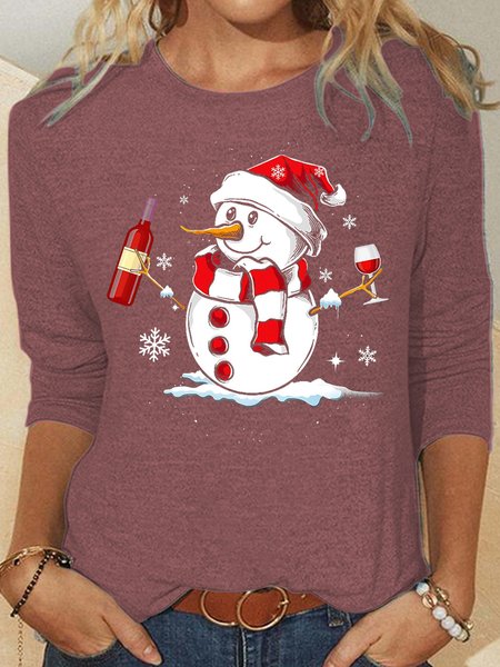 

Womens Snowman Wine Christmas Casual Top, Pink, Long sleeves