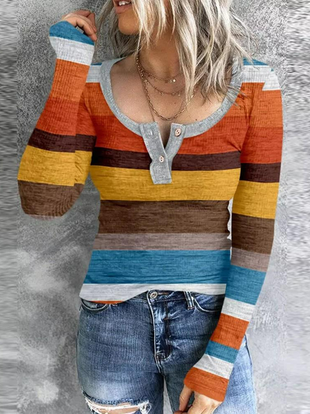 

Casual Colorblock Striped Button Front Long Sleeve Top, Multicolor, Tops