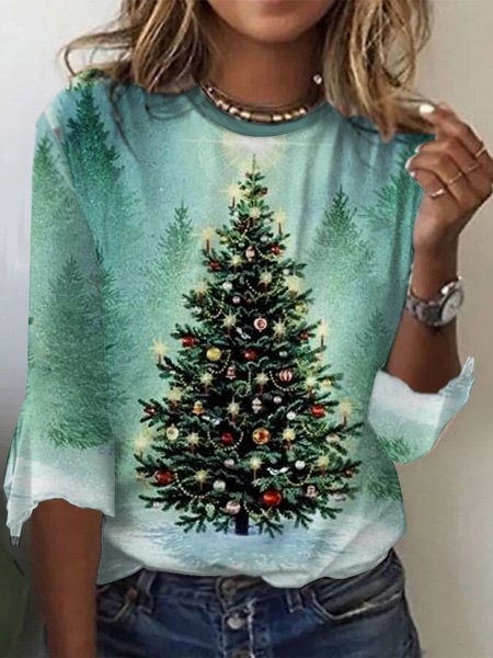 

Christmas Watercolor Illustration Print Crew Neck T-shirt, Green, T-Shirts