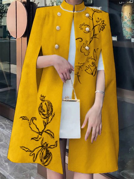 

Elegant Stand Collar Floral Loosen Jacket, Yellow, Jackets