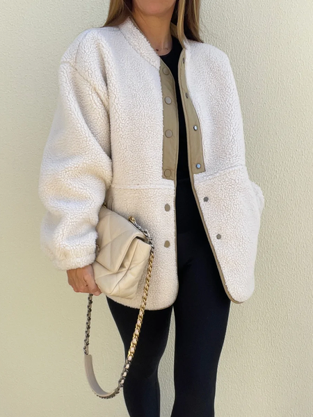 

Stand Collar Long sleeve Loose Teddy Jacket, Off white, Others
