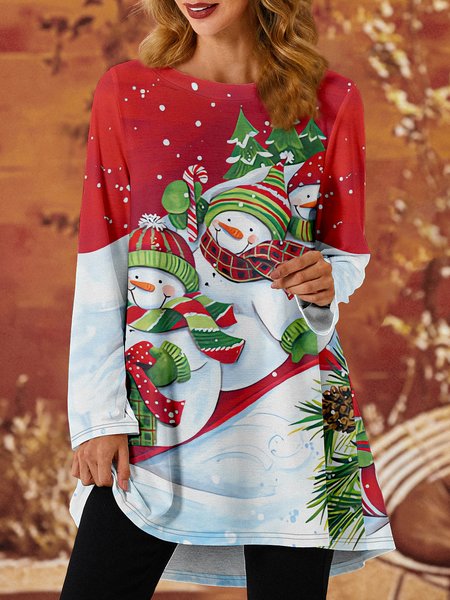 

Women Snowman Christmas Loose Crew Neck Long sleeve Tops, Red, Long sleeves