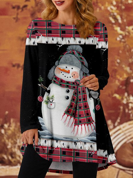 

Women Funny Plaid Snowman Casual Christmas Long sleeve Top, Black, Long sleeves