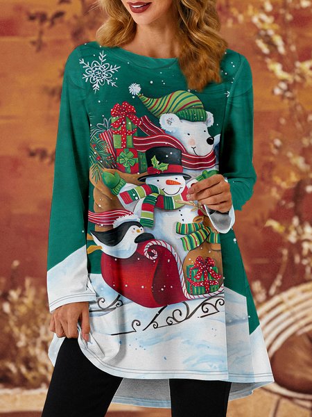 

Women Snowman Loose Crew Neck Christmas Top, Green, Long sleeves