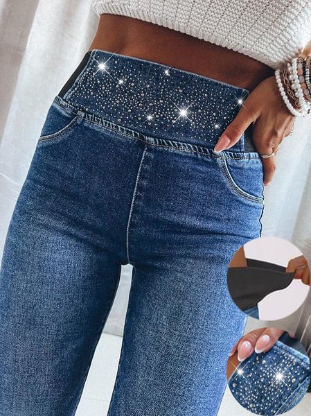 

Plain Cotton-Blend Casual Jeans, Blue, Bottoms