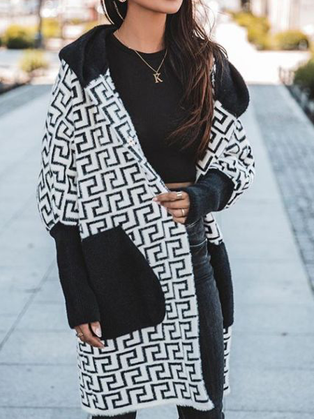 

Loose Geometric Urban Hoodie Long sleeve Sweater Mid-long Coat, Black-white, Cardigans