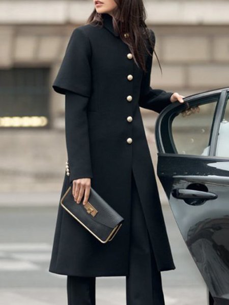 

Urban Plain Loose Buttoned Overcoat, Black, Coats
