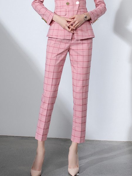 

Regular Fit Plaid Elegant Fashion Pants, Pink, Pants