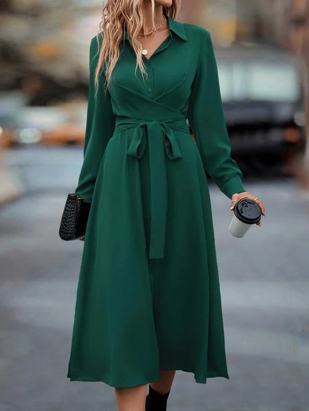 

Urban Plain Shirt Collar Dress, Green, Dresses