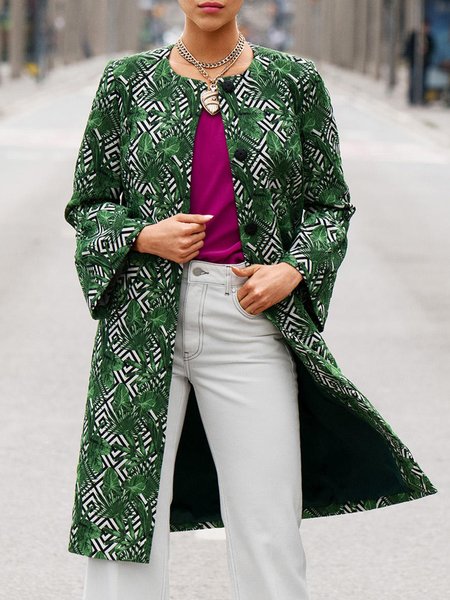 

Crew Neck Printed Loose Overcoat, Green, Coats