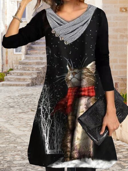 

Cross V Neck Christmas Cat Printed Buttoned dress, Black, Dresses