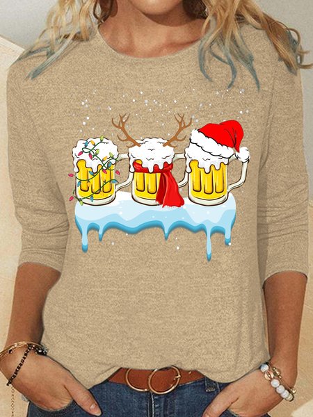 

Womens Three Glass Of Beer Santa Reindeer Christmas Casual Top, Apricot, Long sleeves