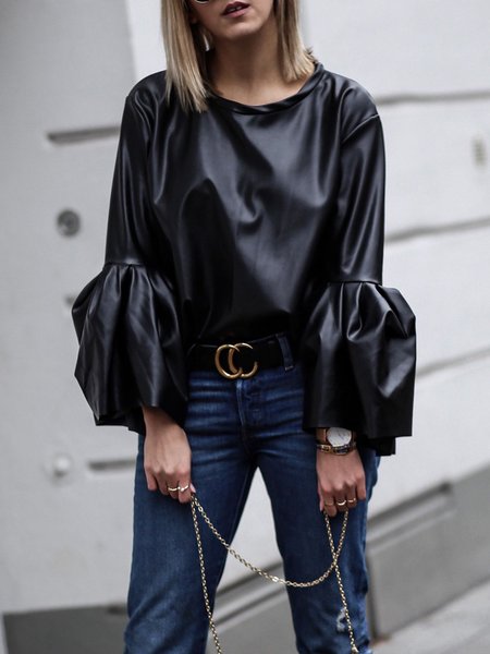 

Long sleeve Crew Neck Plain Loose Top, Black, Linen Tops