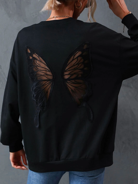 

Butterfly Loose Casual Crew Neck Sweatshirt, Black, Sweatshirts & Hoodies