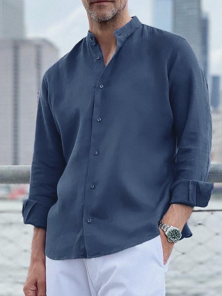 

Solid Color Stand Collar Long Sleeve Cotton Linen Shirt, Blue, Long Sleeve Shirts