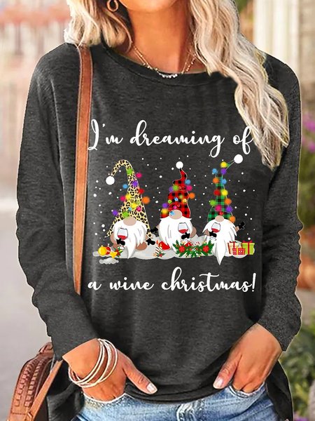 

Womens I'm Dreaming Of A Wine Christmas Gnome Crew Neck Tops, Gray, Long sleeves