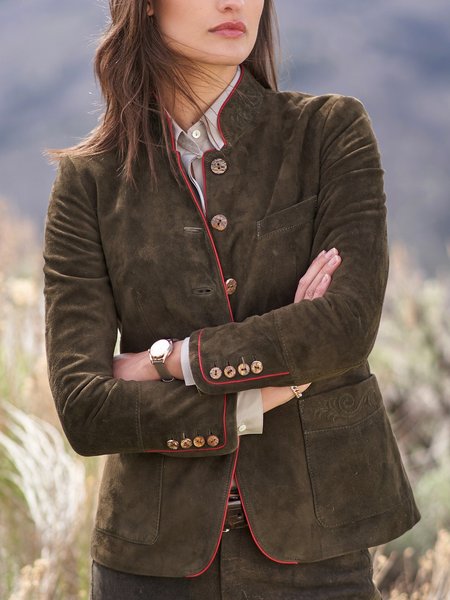 

Suede button embroidered boho jacket, Brown, Jackets